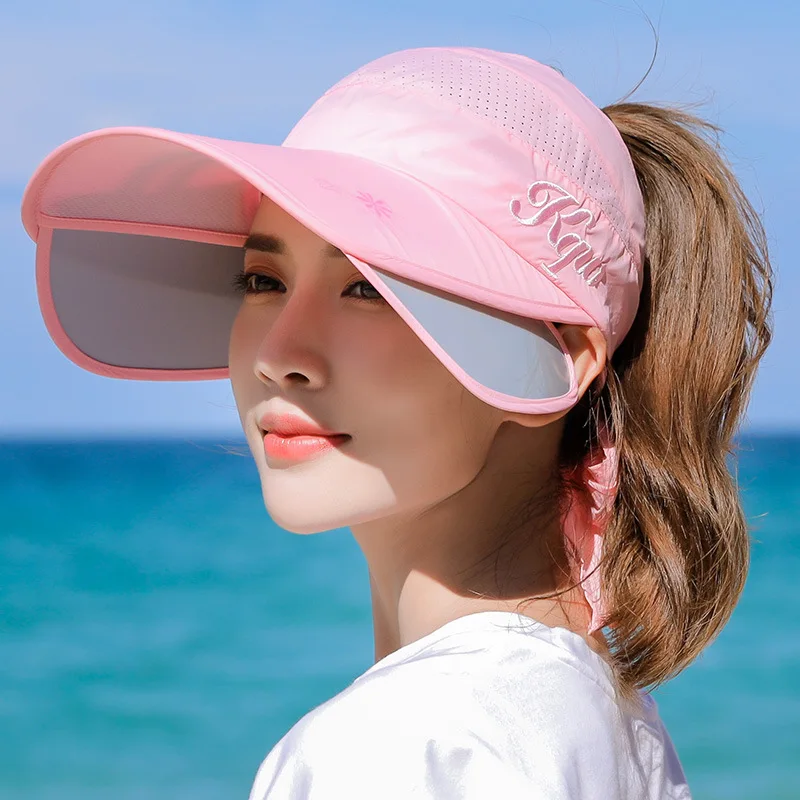 Summer Sun Hat Retractable Visor Caps Female Scalable Brim Empty Top Baseball Cap UV Protection Beach Outdoor Sun Hats Women