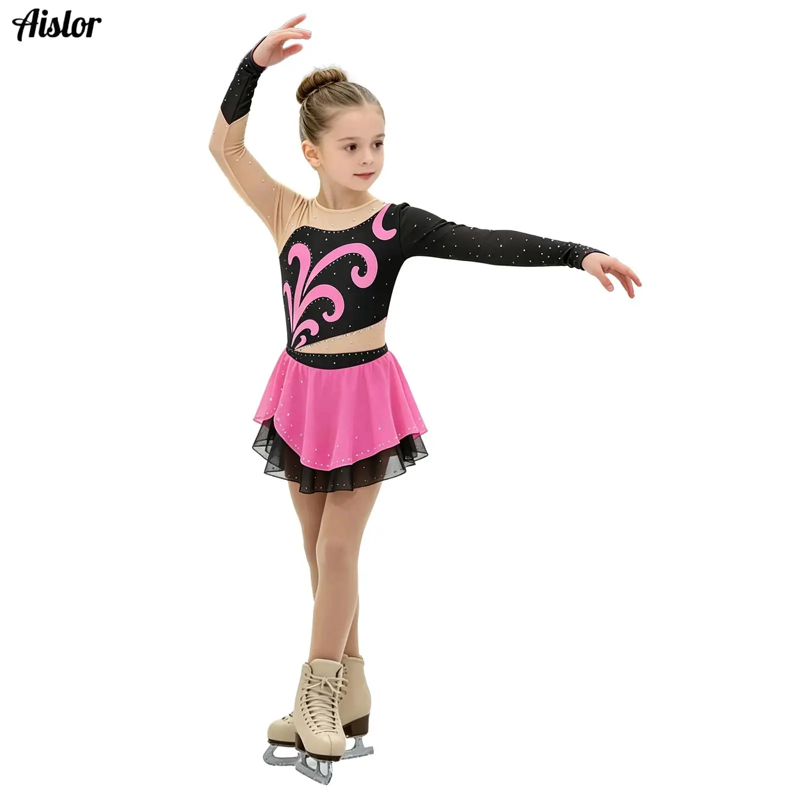 Kids Girls Figure Skating Dress Long Sleeves Finger Holes Mesh Patchwork Rhinestones Color Block Ballet Dance Dress Dancewear