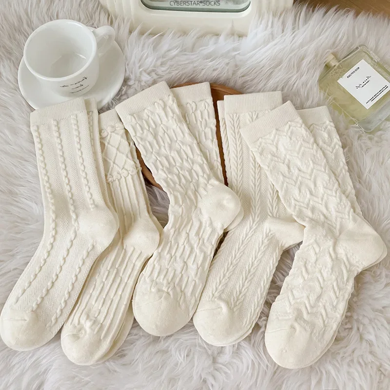 Cashmere Thermal Women Socks Autumn Winter Thick Warmer School Girls Elastic Long Socks Japanese Fashion Solid Color White Socks