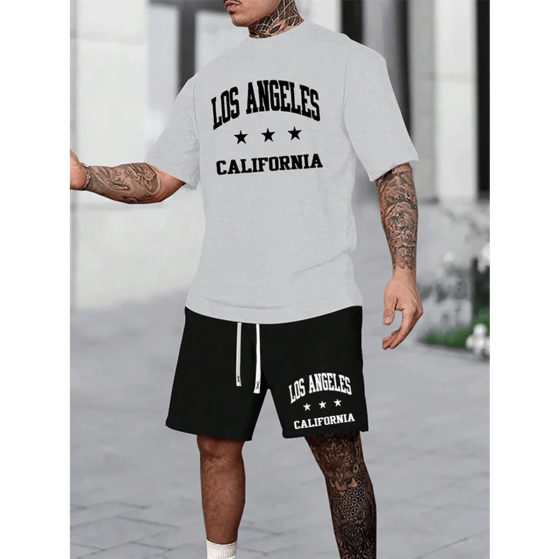 Men\'s Casual Sports Set Printed Letters Summer Fashion Breathable Refreshing Suit Oversized Men\'s Loose Top Round Neck T-shirt