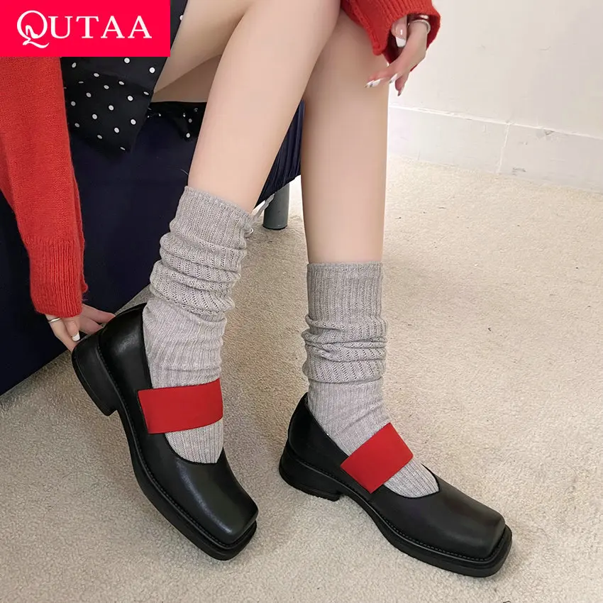 

QUTAA 2024 Women Pumps Thick High Heels Platforms Buckle Strap Genuine Leather Shoes Woman Square Toe Party Office Size 34-40