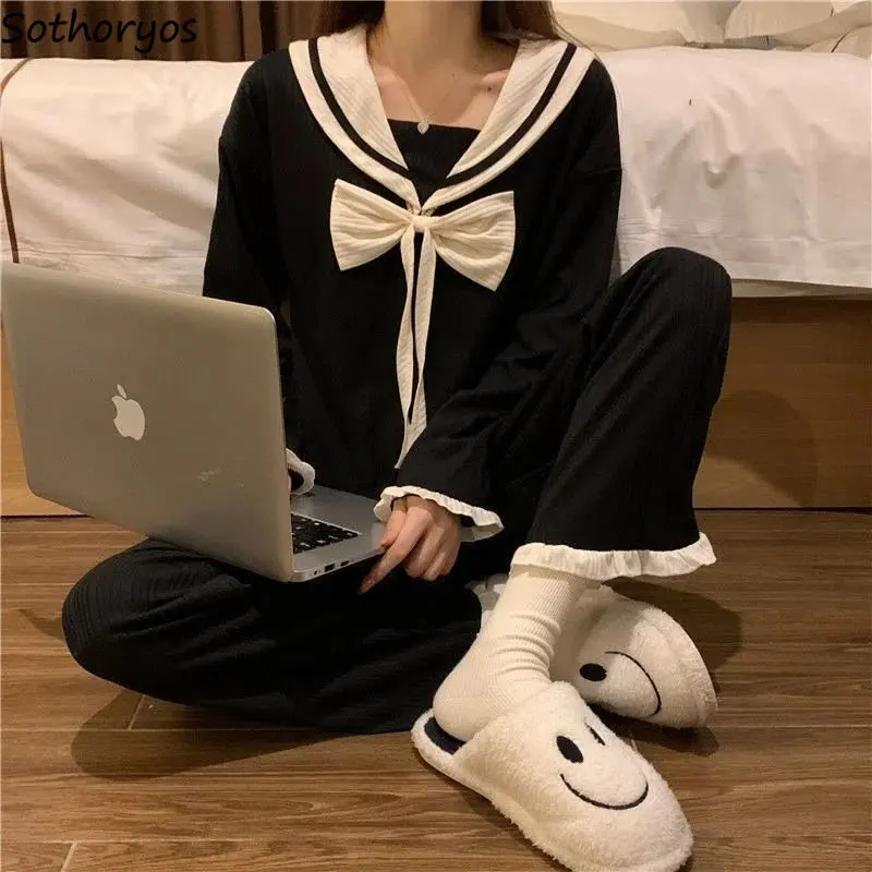 Pajama Sets Women Sailor Collar Design Autumn Fashion Preppy Style Sleepwear Ladies Lovely Schoolgirl Basic Cozy Leisure Chic