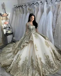 Customized Gold Lace Appliques Ballgown Wedding Dresses Long Sleeves Vestidos De Novia 2023 Plus Size Bridal GownsBridal