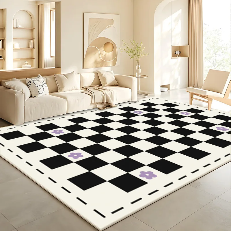 VIKAMA Black And White Checkered Carpet, Living Room Sofa, Simple Bedroom Cream-Style Floor Mat, Ins Bedside Home Decoration