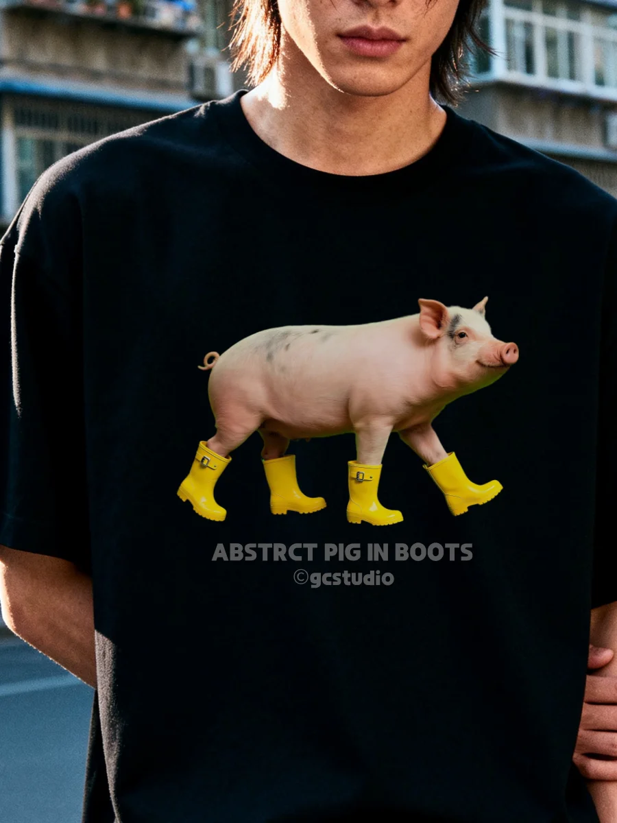 Loose Fit Pure Cotton Short Sleeve T-Shirt Unisex Couples Design Booted Pig Abstract Gangster Pig Print Casual Summer Top