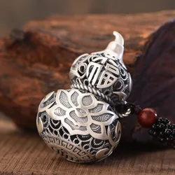925 Silver Exquisitely Carved Hollow Out Lotus Flower Pendant Fashion Vintage Chinese Style Gourd Necklace for Women Jewelry