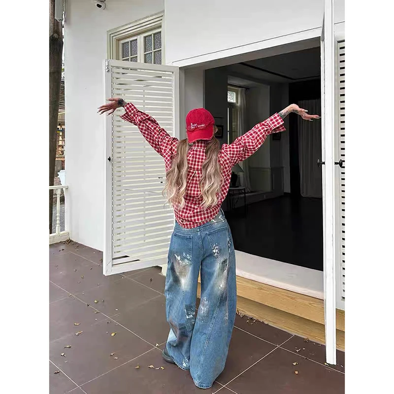 ZHIZOU Damen Blau Baggy Y2k Cargo Jeans Ästhetischer 2000er Jahre Stil Oversize Hose Vintage Harajuku Boyfriend Denim Hose Herbst