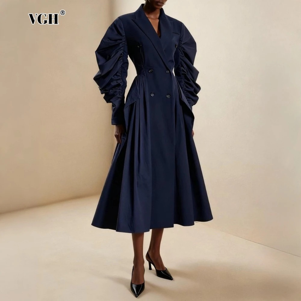 

VGH Retro Modern Tunic Design Coat for Women Lapel Puff Sleeve Splied Double Breasted Navyblue Midi Length Jackets Female Autumn
