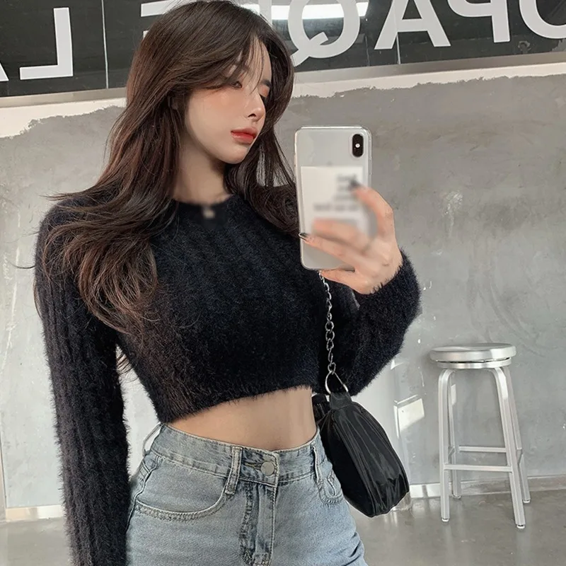 Long Sleeved Slim Fit Tight Knit Sweater Slimming Short Cut With Exposed Navel Top Sweater Close Fitting And Comfortable Sweater