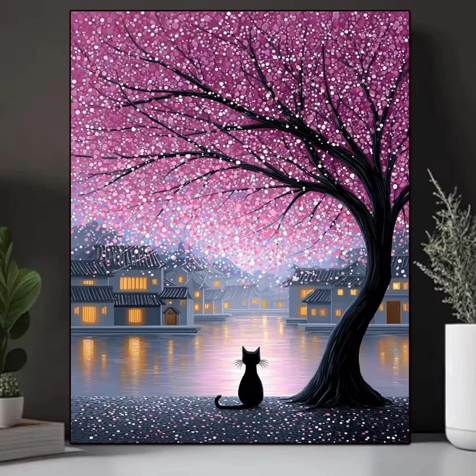 5D Diamond Painting Cherry Blossoms and Cats Landscape Picture Rhinestones Diamond Mosaic Cross stitch kit For Handmade Hobby