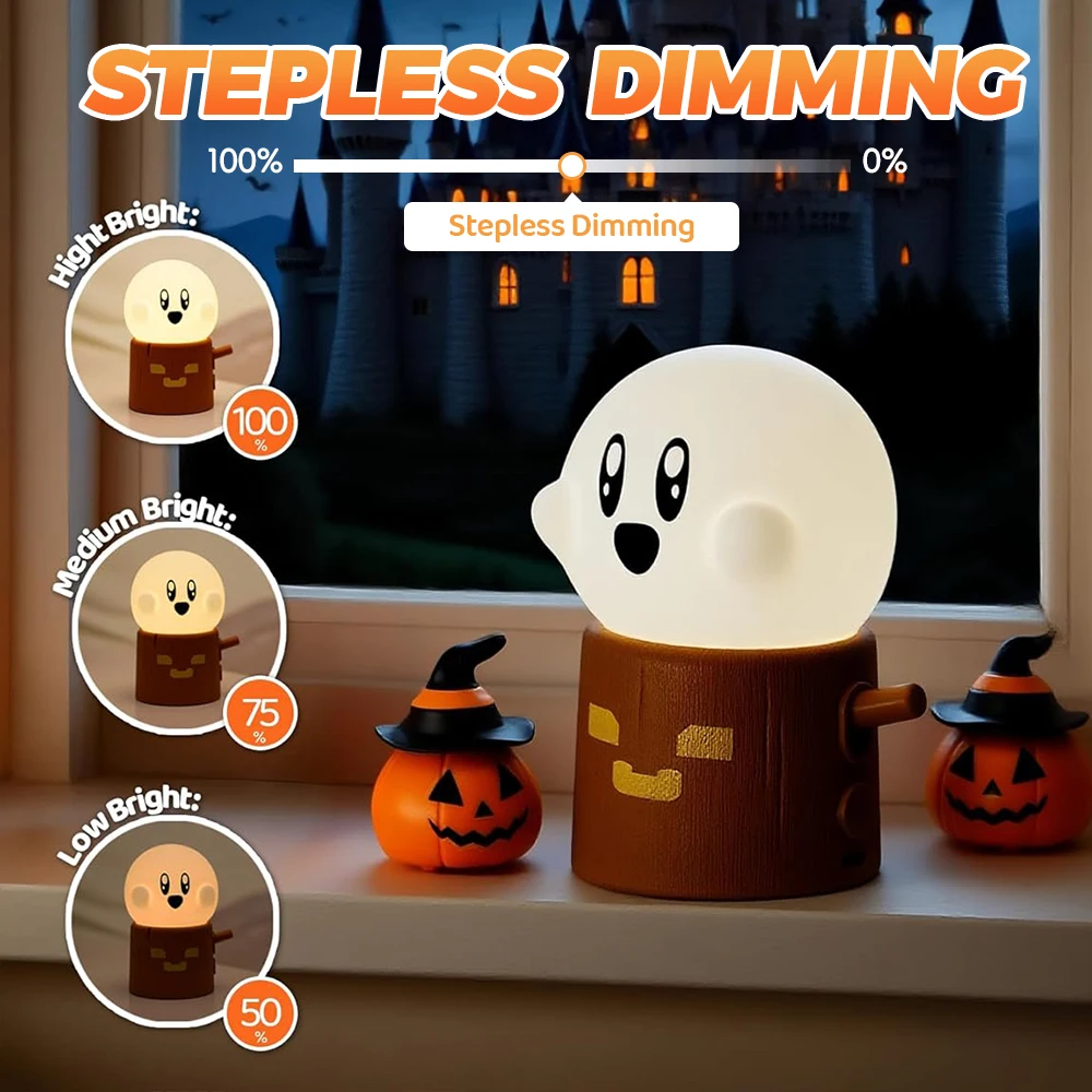 مصباح ليلي لإشعال النار قابل لإعادة الشحن، مصباح سيليكون شبح الهالوين، يعتم بجانب المصباح مع سطوع 3 مستويات