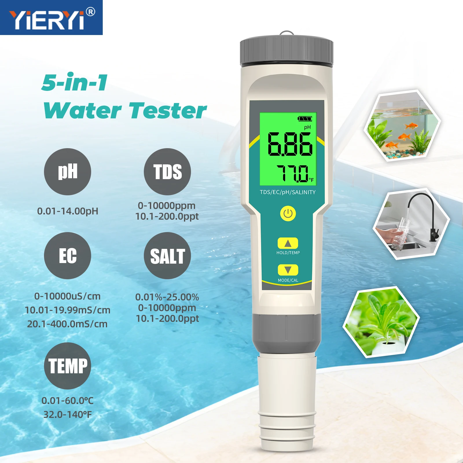 Yieryi 5-in-1 pH-Meter TDS EC Salinität Temperatur Digitaler Wassertester Hochpräziser Wasserqualität-Messgerät Stift für Aquarium Pool Trinkwasser Hydrokultur