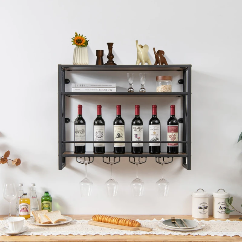 Retro Industrial Style Space-saving Design Storage Rack 3-Tiers Industrial Wall Mounted Wine Rack with Glass Holder Metal Frame