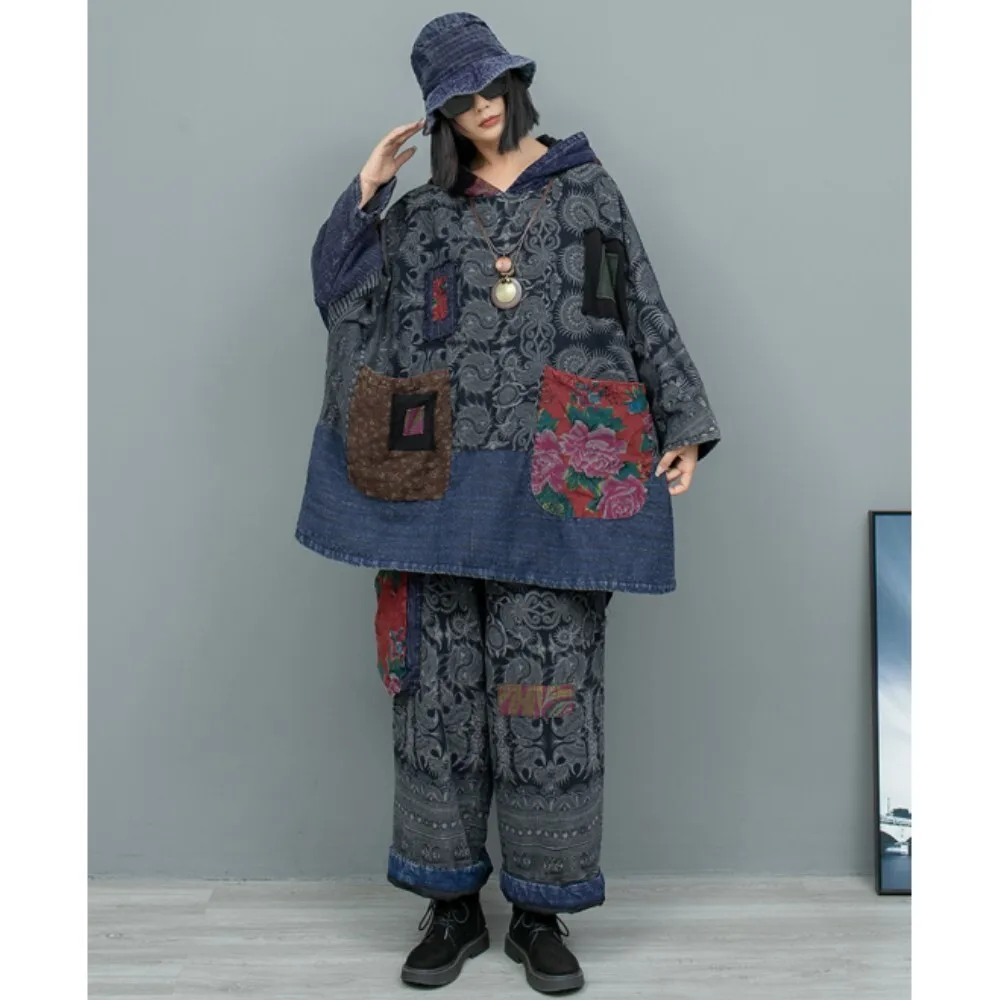 Printed Linen Patchwork Old Cloth Hooded Cotton Jacket + Cotton Pants Two-piece Set Women Outfit 2024 Winter Pant Set ZF332