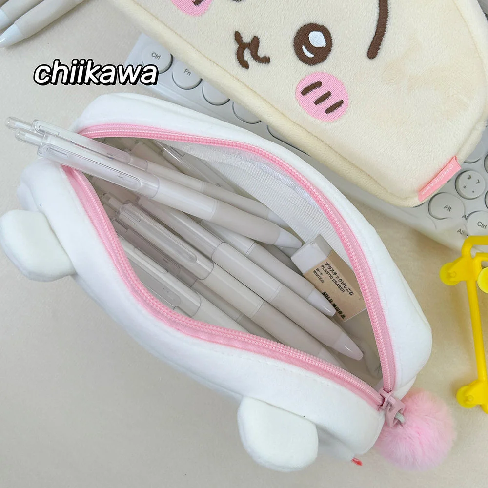 Mininstants Chiikawa-Étui à stylo double en peluche, série co-marquée, sac de rangement de maquillage, rose est un mignon cœur girly, beurre périphérique, authentique