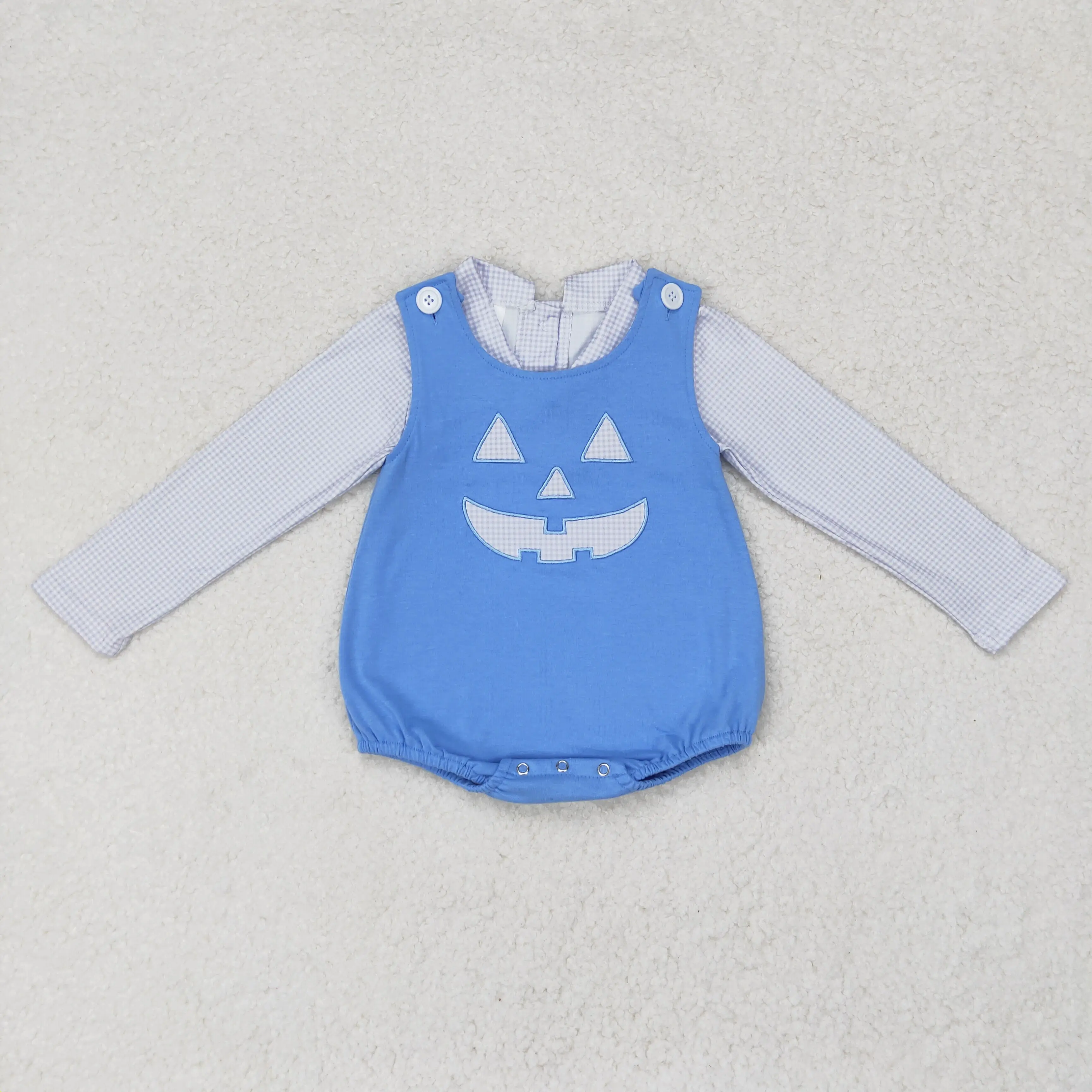 Wholesale Baby Boy Toddler Long Sleeves Plaid Shirt Embroidery Pumpkin Blue Romper Set Kids Children Halloween Outfit Clothing