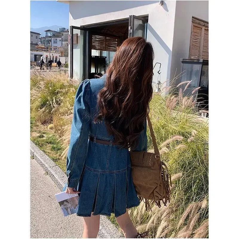 Estilo com cintura cinching comprimento médio vestido evasê azul saia jeans feminino novo retrô doce e picante