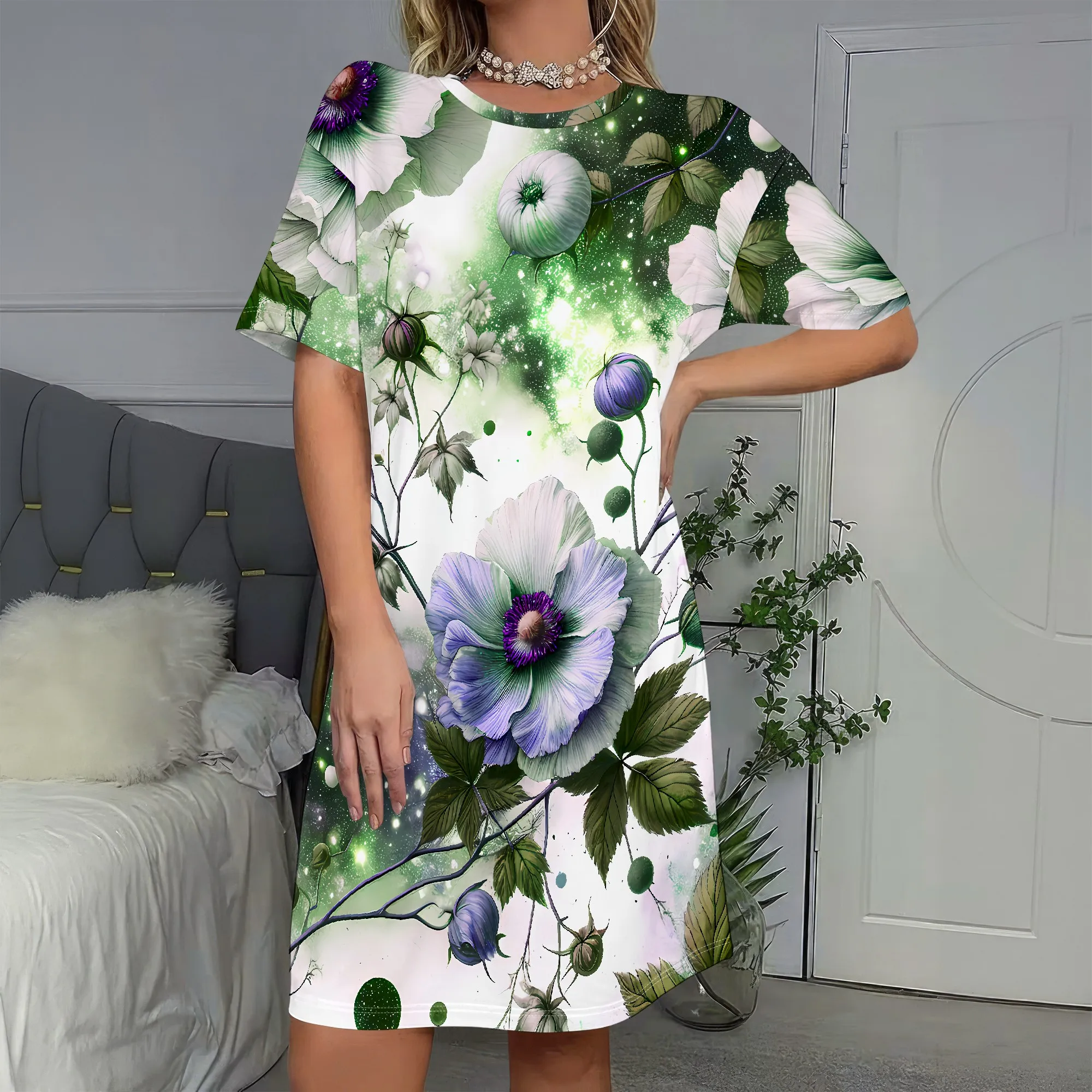 

Floral, Summer Dress, Boho Print Beach Wear, Green Purple Vacation Outfit, Casual Short Sleeve Mini Dress for Women, S-2XL