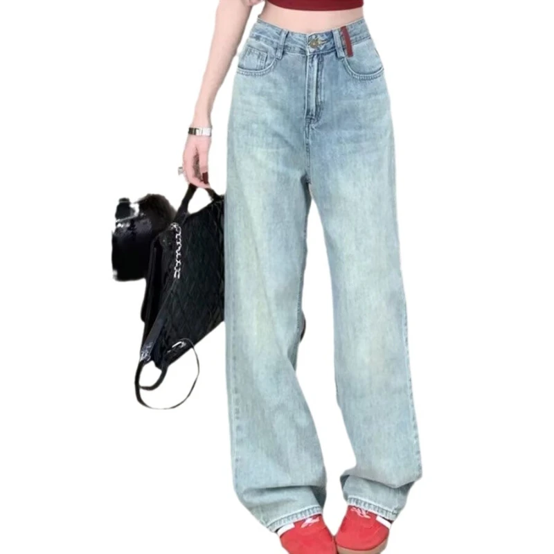 Fashionable Embroidered High-waist Wide Leg Jeans For Women In 2024 Spring And Autumn Seasons Loose Slim And Floor Length