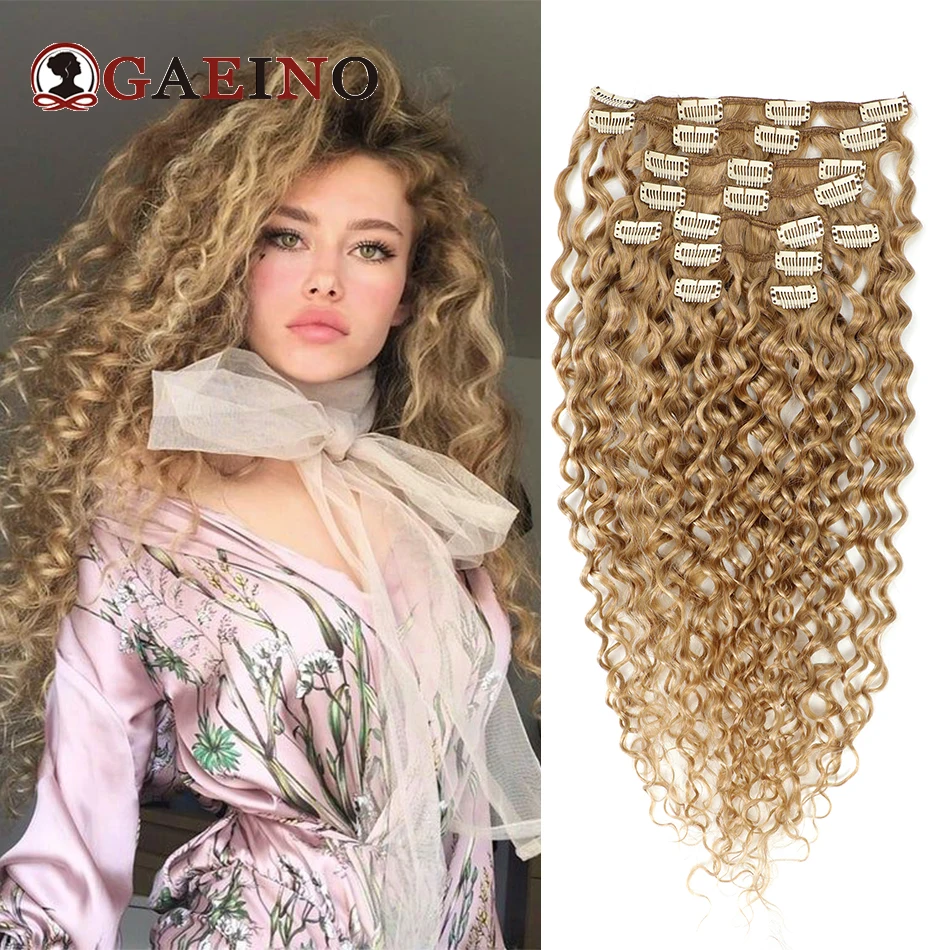 Water Wave Clip In Hair Extensions 10Pcs/Set Blonde Hair Real Human Hair Full Head Hairpiece Curly Clip Ins Hair 14-28Inch