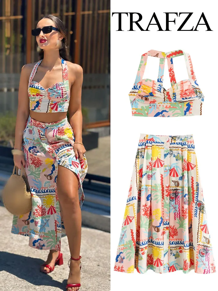 TRAFZA Women Elegant High Waist Buttons Print Decorate Pleated Skirt Woman Summer Vintage Casual Slim Beach Midi Skirt 2024