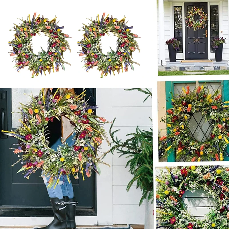 Wildflower Wreath Spring and Summer Wreath Front Door Simulation Dried Flower Wreath Buttercup Fresh Green Plant Immortal Flower