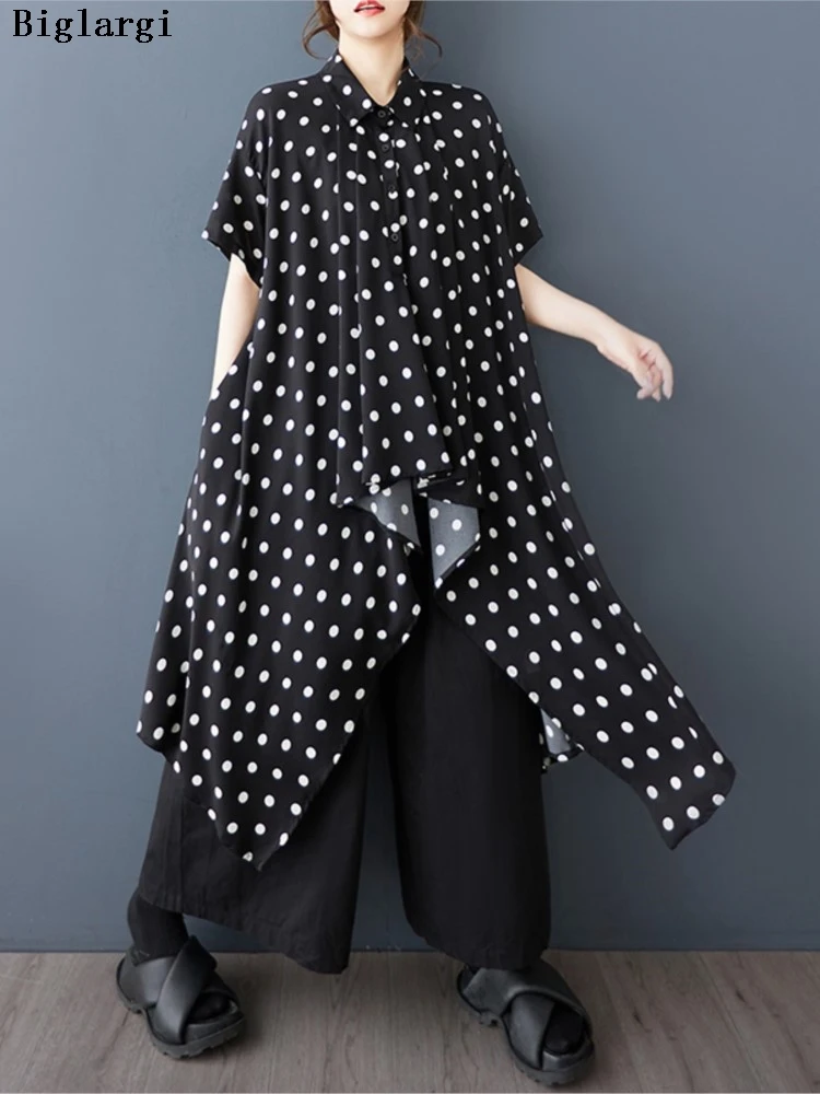 

Oversized Summer Polka Dot Print Shirts Women Irregular Ruffle Pleated Fashion Ladies Blouses Casual Loose Woman Shirts