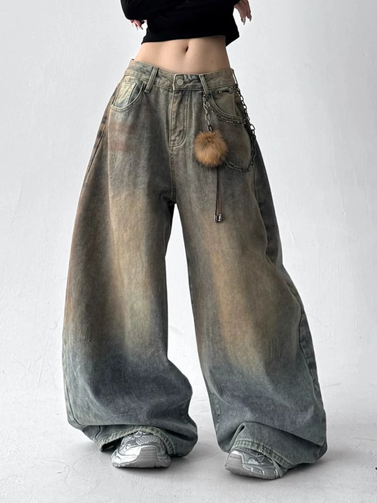 Y2K Vintage Jeans Herbst Winter Distressed Spray Washed Lose Gerade Bein Breite Bein Hosen Mode
