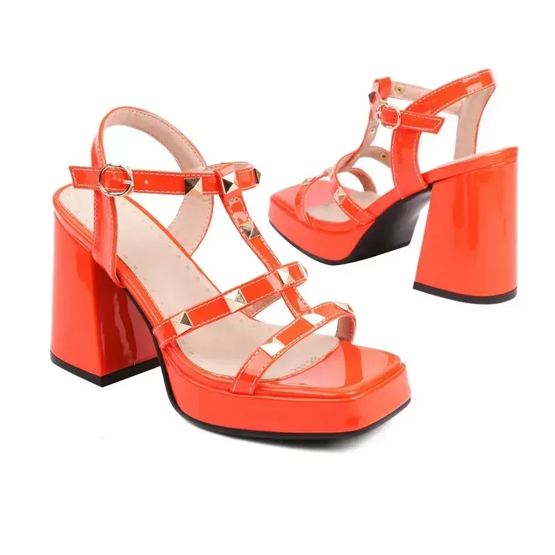

Bright Color Orange Yellow Lady Summer Dress Shoes T-strap Open Toe Block High Heels Sandals Platform Shoes With Studded Rivets