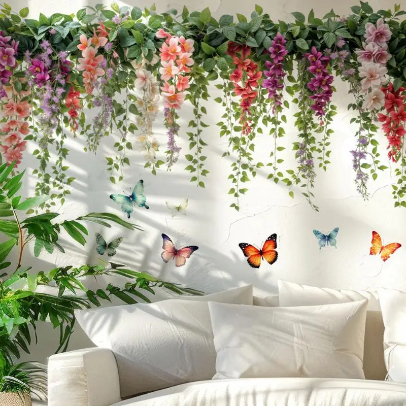 Hanging Flower Vine Wall Decals With Colorful Butterflies Self Adhesive For Bedroom Living Room Wall Decor