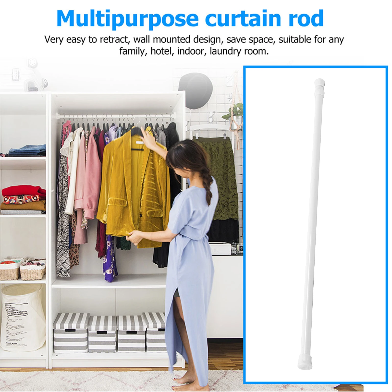 

Telescopic Drying Rod Stainless Steel Clothes Rail No Drill Tension Pole Adjustable Length Shower Curtain Wardrobe Door
