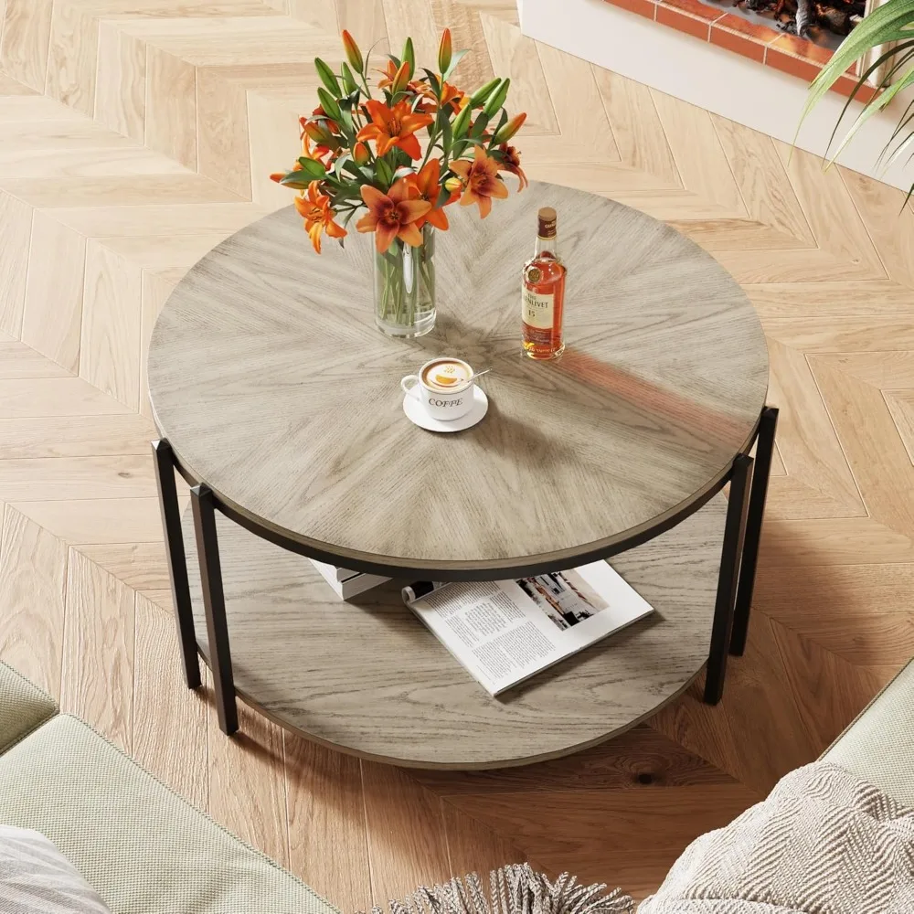 

Round Wood Coffee Table with Storage, Circle Center Table w/Splicing Grey Wood Tabletop&Metal Lges, 2-Tier Farmhouse Cocktail Ta