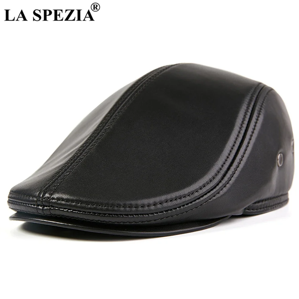 

LA SPEZIA Black Men Flat Cap Sheepskin Real Leather Men's Brand Cap High Quality Autumn Winer Earflaps Men's Duckbill Ivy Cap