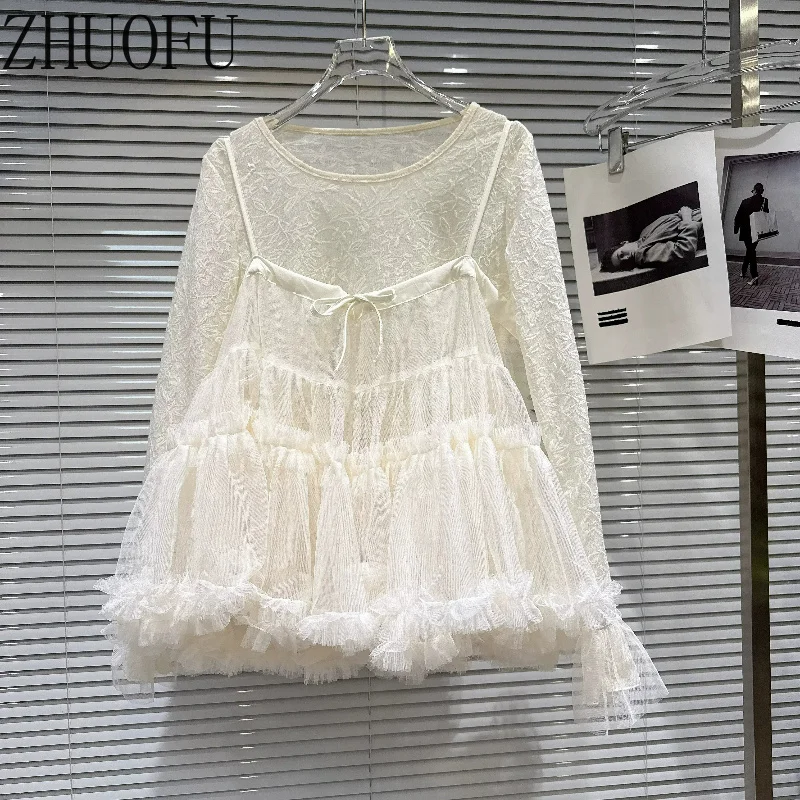 Women's Long-sleeved T-shirt 2026 Autumn New Sweet Style Cute Embroidery Flower Lace Mesh Splicing Sling Two-piece Suit Ladies
