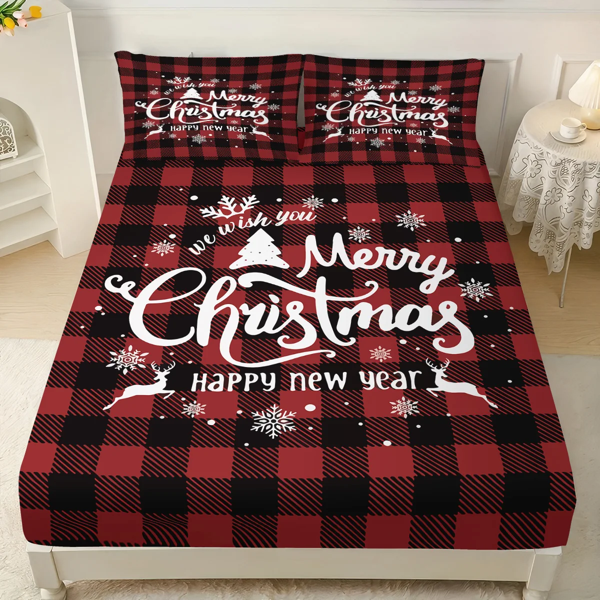 3pcs plaid contrasting color Christmas Happy print coreless bed sheet set multiple sizes bed covers bedding soft and comfortable
