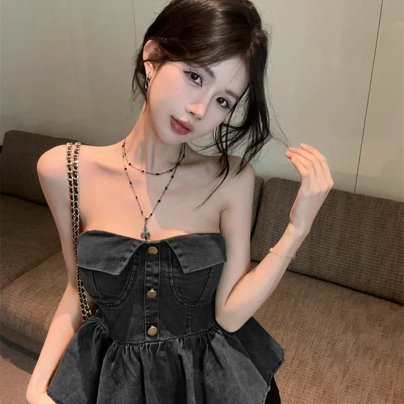 Vrouwen Sexy Club Vakantie Denim Slanke Korte Halter Tops Zomer Zwart Backless Ruche Rand Party Jean Vest Streetwear Nieuw