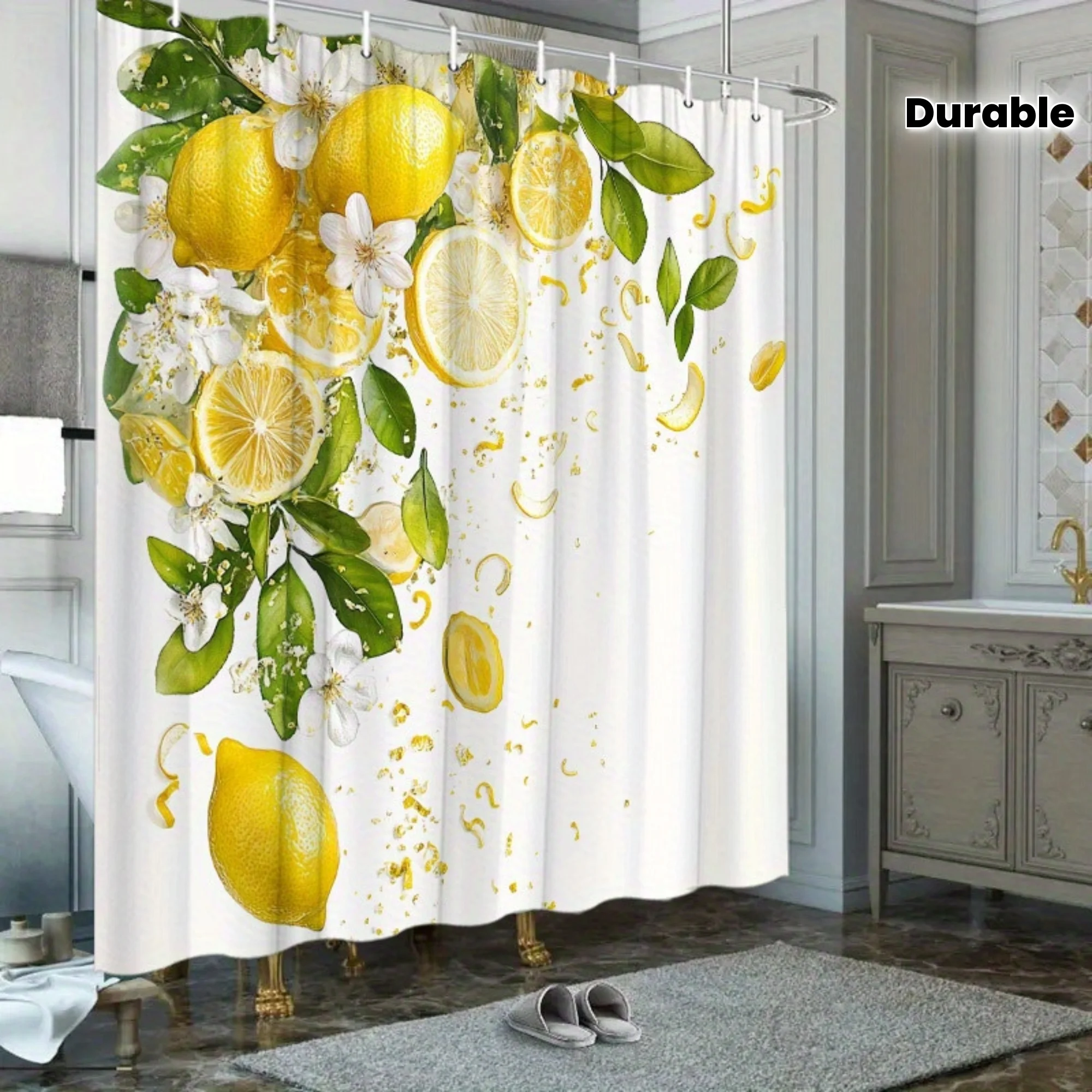 

Занавеска для душа с цитрусовыми и лимонами, желтые фрукты, зеленые листья, цветочный узор, водонепроницаемый декор для ванной, элегантные натуральные занавески для ванной комнаты