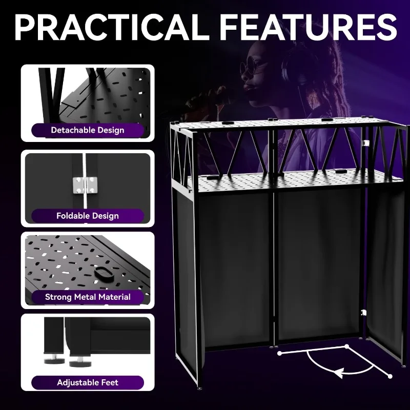 طاولة كشك DJ المحمولة، حامل طاولة DJ قابل للطي مع حواف بيضاء وسوداء، إطار معدني لمحطة طاولة واجهة DJ قابل للتعديل
