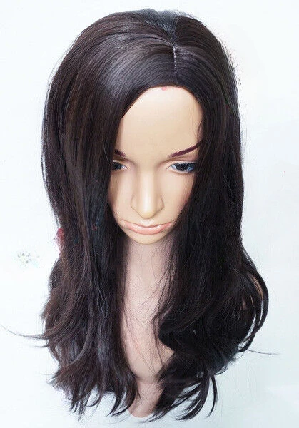 Dark Brown Long Wavy Ladies Wig Synthetic Skin Top Natural