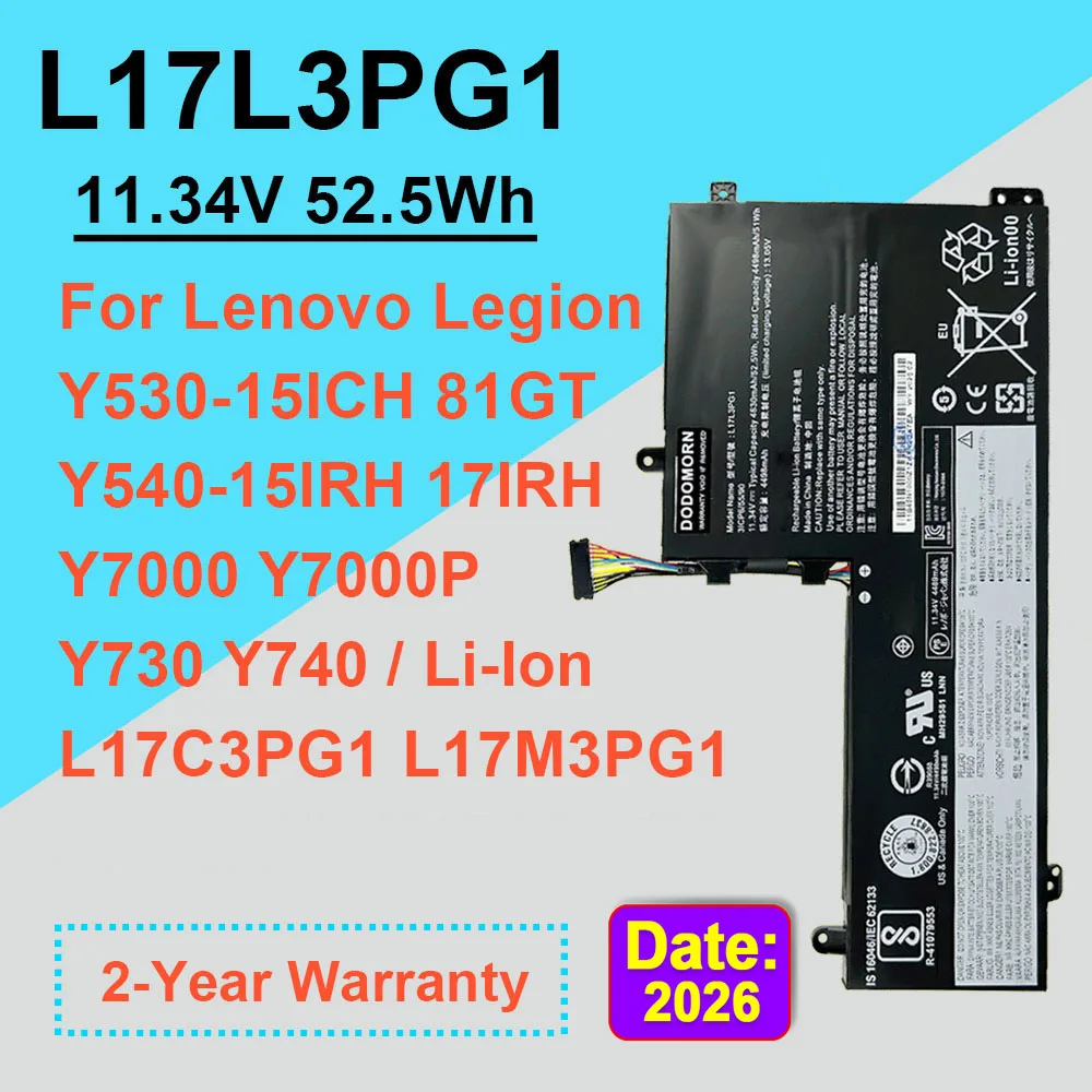 11.34V 52.5Wh L17L3PG1 Laptop Battery For Lenovo Legion Y530-15ICH Y540-15IRH Y540-17IRH Y730 Y7000 Y7000P L17M3PG1 L17C3PG1