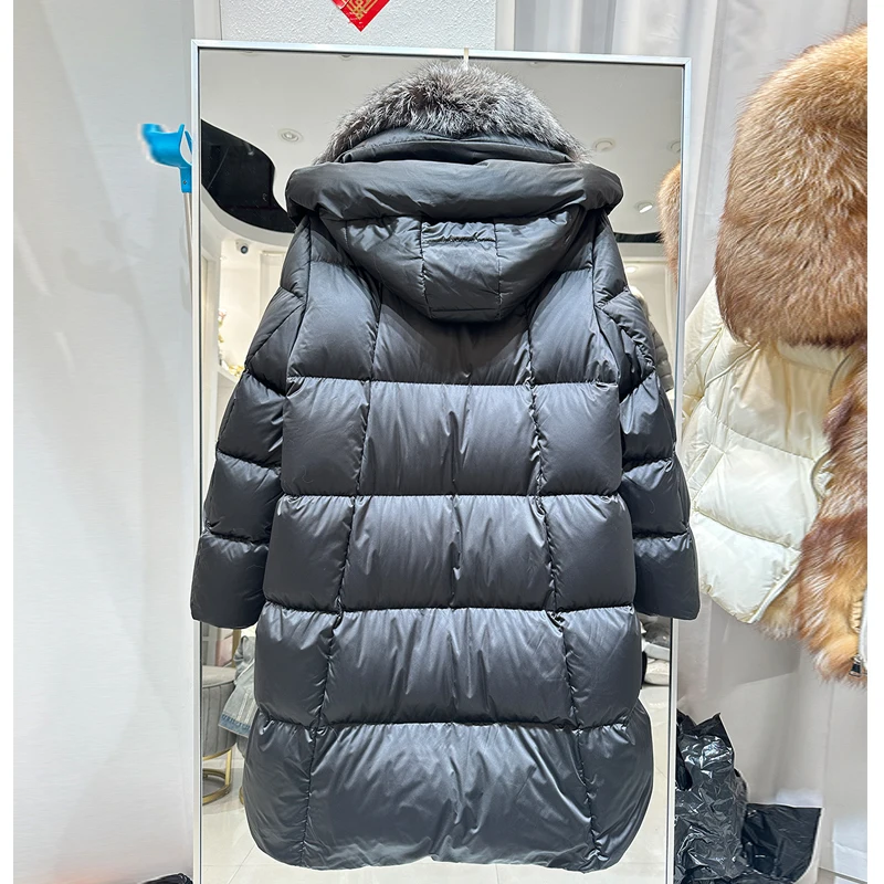 European Sle Thiened Mid-Length Hooded Fur Collar down Jaet Women's Coat  Fur Collar Long Over-Knee Outerwear