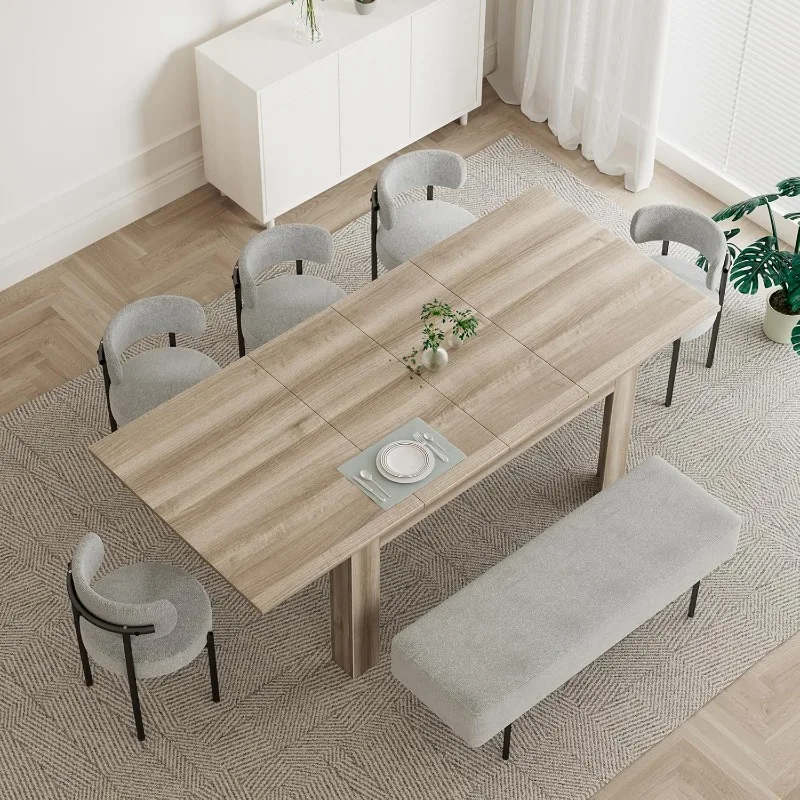 Table for 6-10 Person, Wooden Extendable Dining Table, Plank and Beam Farmhouse Large Rectangular Kitchen Table for Dining.