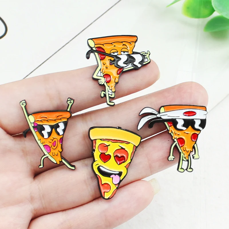 Sorrindo Pizza Man Lapel Brooch Pin, Óculos japoneses, Headband engraçado, Presente para amantes de pizza