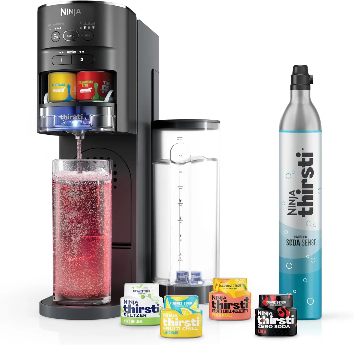 Thirsti Drink System, Soda Maker, Create Unique Sparkling & Still Drinks, Personalize Size & Flavor, Carbonated Water Machine, 6