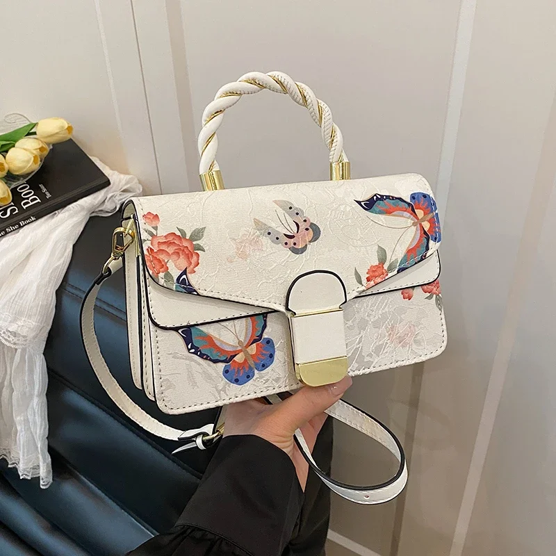 

Small Square Bag Designer Floral Embroidery Thread Handbag Fashin Bow Printing Shoulder Crossbody Bag Lady Elegant Totes