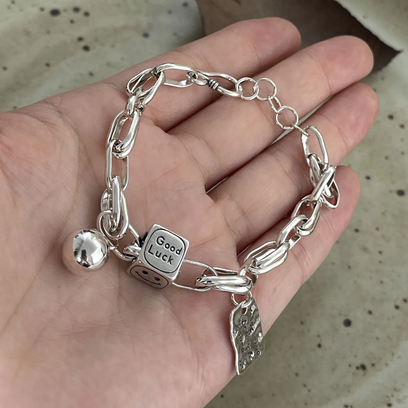 925 Sterling Silver "Good Luck" Charm Link Bracelet - Image 4