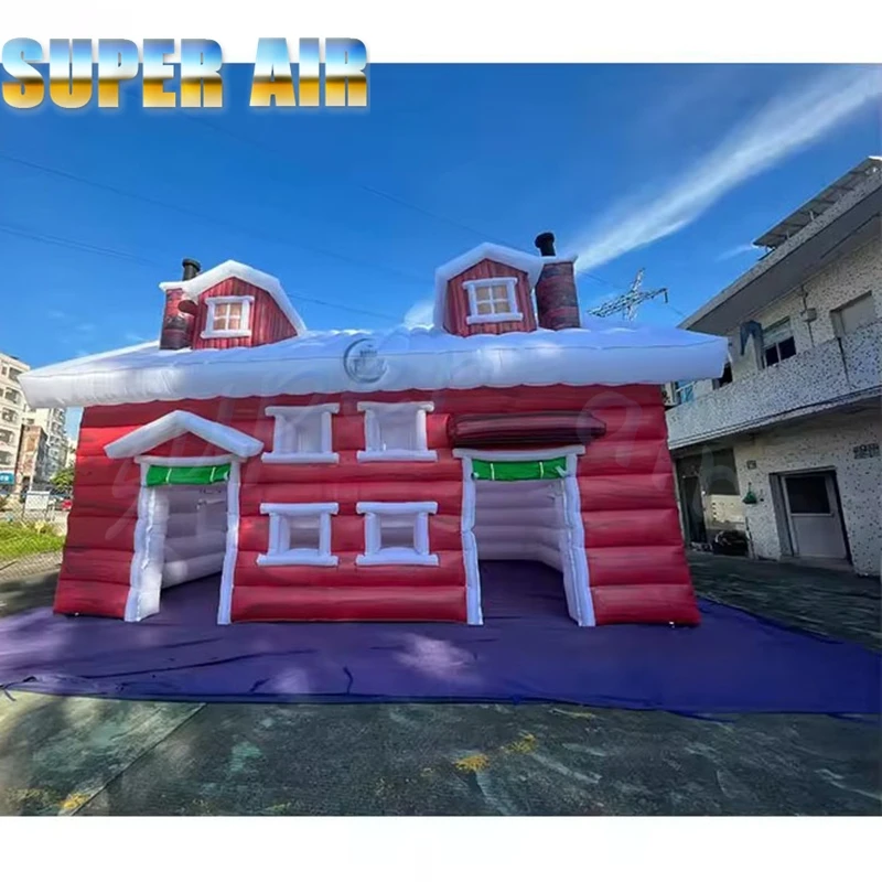 Customized Red Inflatable Santa Workshop Tent Double Door Christmas Inflatable House for Holiday Activities