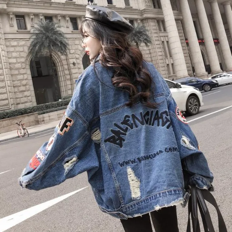 Perforated denim jacket jacket, women's loose mid length denim college style BF denim jacket