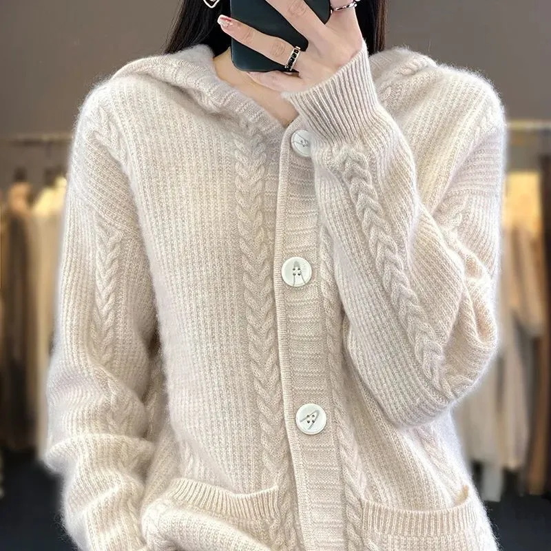 

Autumn Winter New Hooded Knitted Cardigan Sweater Women Clothes Fashion Loose Pocket Warm Knitwear Jacket Female Tops Tide B1272