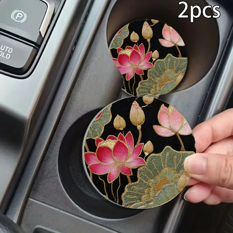 Vintage Persian Rug Pattern Car Coasters 2Pcs, PU Leather Anti Slip Car Cup Mat, Waterproof Washable Ethnic Oriental Auto Drink